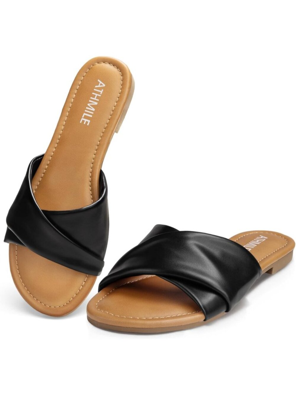 Women's Black Summer Comfortable Cute Ladies Slides Leather Fashion Flat Sandals